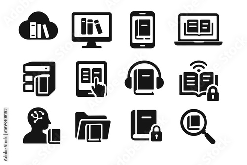 Smart shared bookshelf magnifier library vector symbol icon icons storage streaming digital