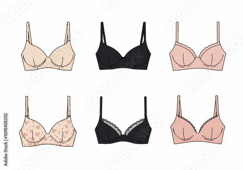 Diverse Collection of Women's Bras: Nude, Black, and Pink Lingerie Styles with Lace and Patterned Designs