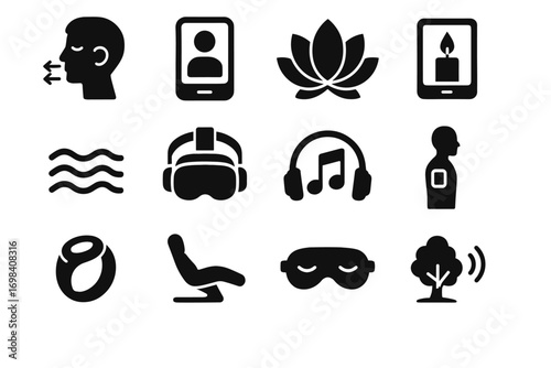 Sleep relaxation icon stress mindfulness tracker relief calm vector breathing mask icons