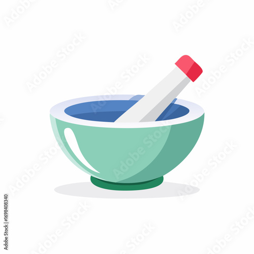 Green Mortar and Pestle with Blue Liquid and Red Top Pestle