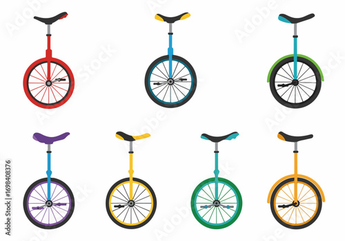 Vibrant flat design unicycles collection on white background, ideal for sports, circus, and entertainment themes.