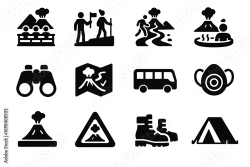 Tent vector mask bus volcanic hiking icons path tourism boots icon platform