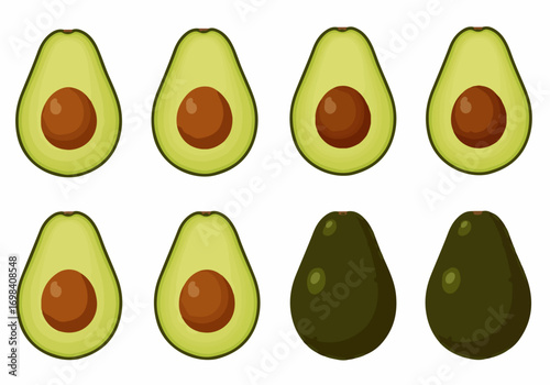 Avocado vector illustration set: whole and halved avocados with pits on white background, perfect for healthy food and cooking concepts.