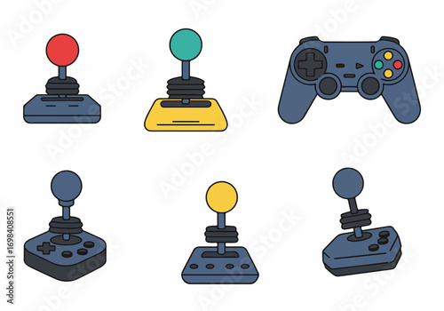 Collection of flat design gaming controllers and retro joysticks, illustrating diverse video game input devices on a white background.