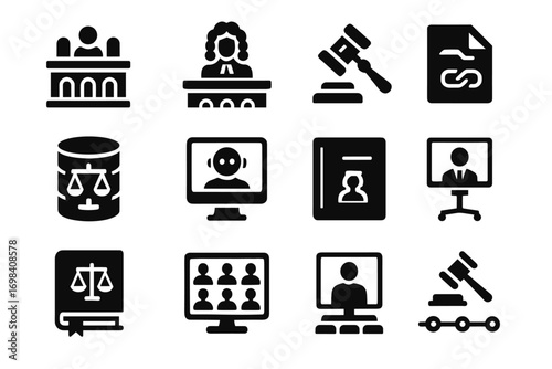 Legal court ai assistant screen conference icons bench setup database icon vector