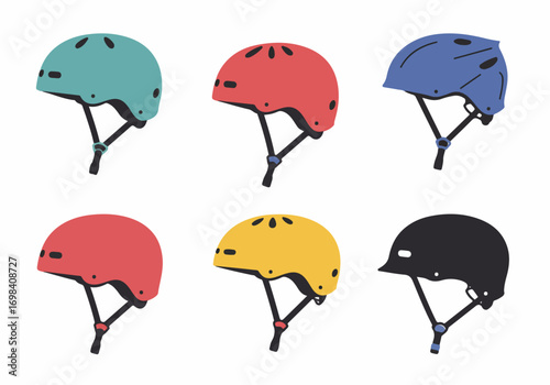 Flat design collection of colorful safety helmets for outdoor activities and sports, including bike, skate, and rollerblading head protection.