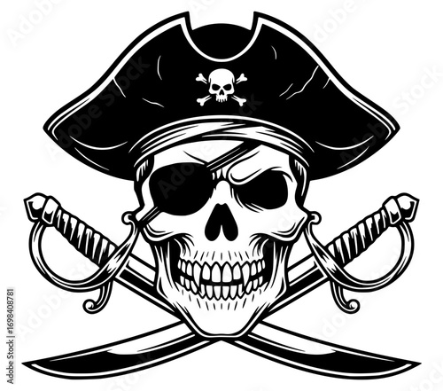 Pirate Skull with Eyepatch, Hat, and Crossed Swords, Pirate SVG, Skull SVG, Marine SVG, Adventure SVG
