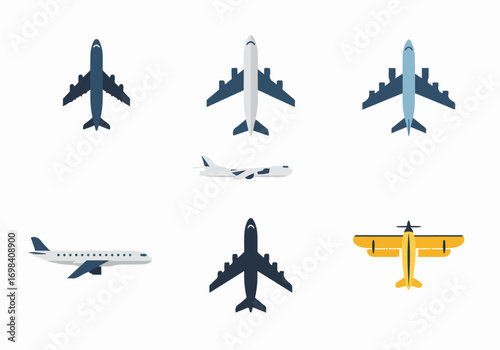 Set of Diverse Airplane Icons: Flat Design Aircraft Illustrations for Aviation, Travel, and Transportation Concepts on White Background