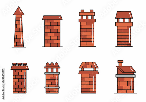 Set of Eight Illustrated Red Brick Chimneys with Various Styles and Caps on White Background