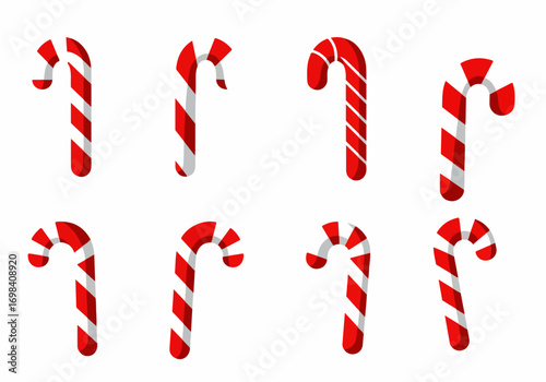 Collection of eight distinct red and white striped candy cane illustrations for festive holiday and Christmas designs on a clean white background.