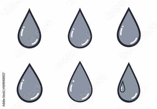 Set of six cartoon water drops illustration, showing liquid or moisture icons on a clean white background, suitable for environmental or hydration themes.