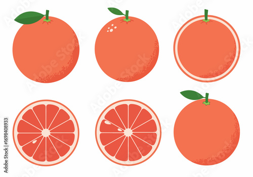 Collection of Stylized Grapefruit Illustrations: Whole, Halved, and Sliced Citrus Fruits in Flat Design for Healthy Food Concepts