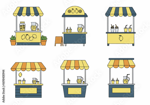 Collection of six vibrant cartoon lemonade stands offering refreshing summer drinks, perfect for hot weather and street food themes.
