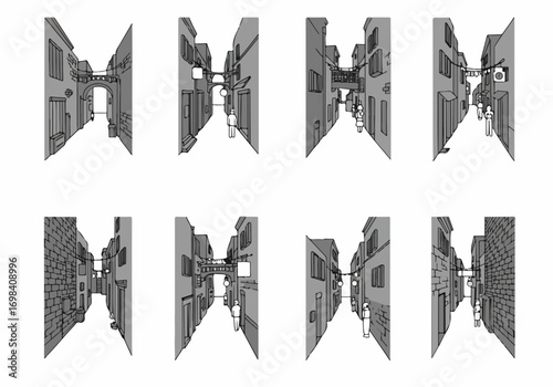 Grayscale graphic collection of narrow alleyways and historic street scenes with architectural details and figures.