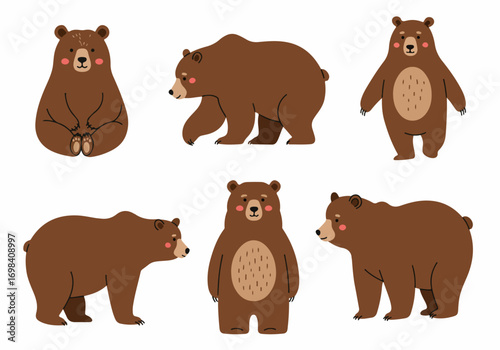 Cute cartoon brown bears collection in various poses, perfect for children's designs and playful illustrations on a clean white background.