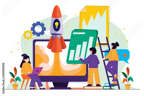 Team Launching a Business Project with Rocket Illustration
