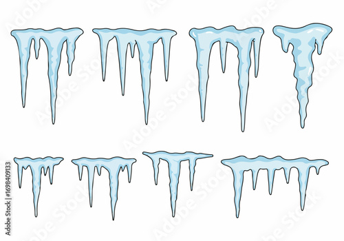 Collection of blue cartoon icicles, dripping ice formations, ideal for winter holiday designs and seasonal illustrations on a white background.