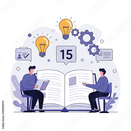A 2D flat vector shows a mentor explaining concepts to a student using an open book, with lightbulb and gear icons representing ideas and development in a modern learning environment.