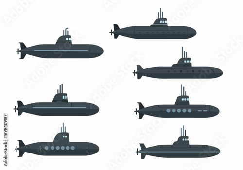 Flat design vector illustration featuring a collection of diverse dark grey submarines with periscopes and propellers, set against a clean white background.