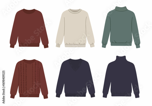 Diverse collection of cozy sweaters and jumpers in various styles like crew neck, V-neck, turtleneck, and cable knit for autumn and winter fashion.