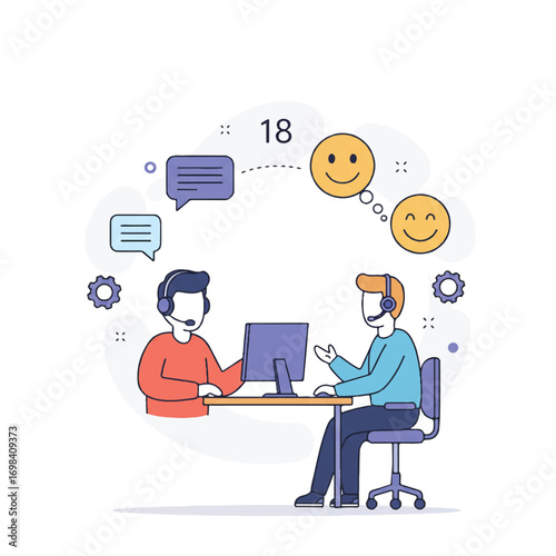 Friendly customer service representative, a vibrant 2D flat vector, wears a headset at a computer desk, interacting with thought bubble and clean icons on white.