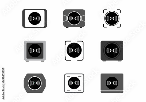 Diverse Set of Flat Design Speaker Icons with Sound Wave Symbols, Representing Audio Output and Technology Devices in a Minimalist Style.