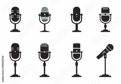 A collection of diverse microphone icons, featuring classic, retro, and modern designs for audio, music, and broadcast communication.