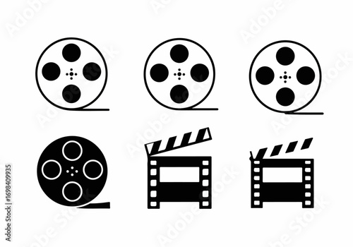 Minimalist black and white film and cinema icons including film reels and clapperboards, perfect for movie-related design projects.