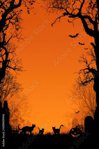 Spooky Halloween night scene with silhouetted trees cats and bats.