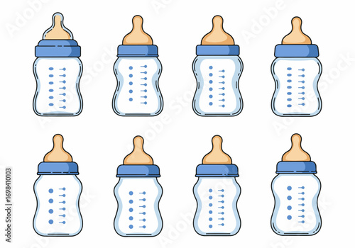 Set of Cartoon Baby Bottles with Blue Accents, Featuring Various Shapes and Measurement Markings on a Clean White Background