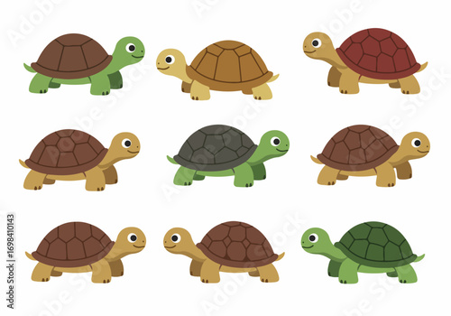 Set of cute cartoon turtles and tortoises in various colors, with happy smiling faces, isolated vector illustrations perfect for children's designs and education.