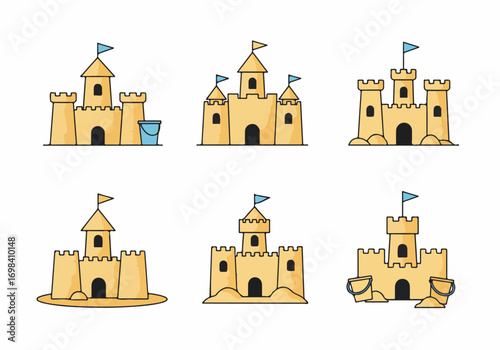 Collection of six distinct cartoon sandcastles for summer vacation, beach, and childhood fun illustrations on white background.