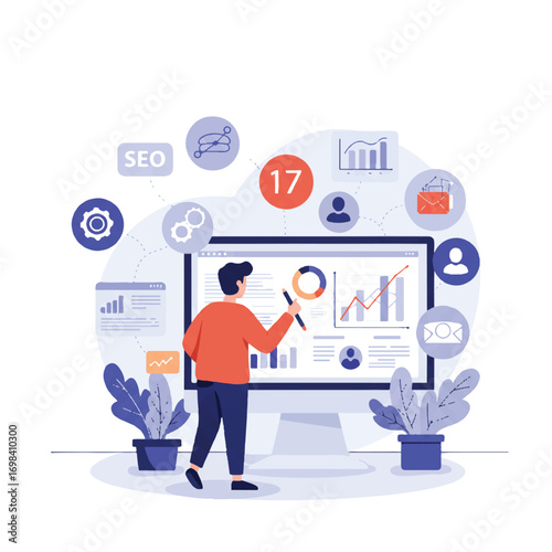 Vibrant 2D flat vector illustration of a marketing specialist analyzing data on a large monitor, with floating icons representing SEO, social media, and analytics.