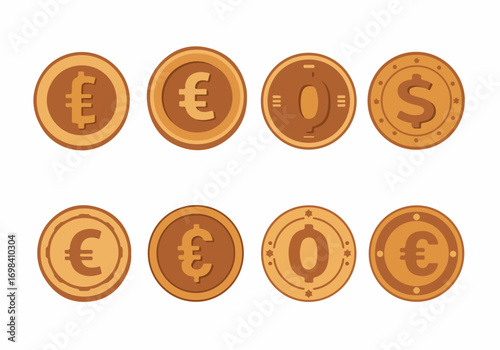 Eight stylized brown and gold vector coins with Euro, Dollar, and Pound symbols, depicting global currency, finance, and economic concepts.
