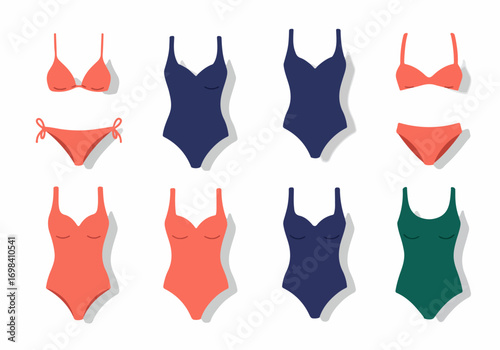 Collection of diverse women's swimwear designs, featuring various styles of one-piece swimsuits and two-piece bikinis in coral, navy blue, and green, perfect for summer fashion and beachwear.