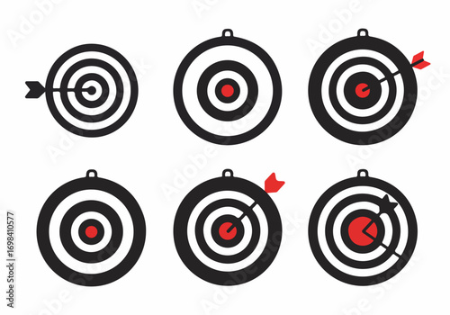 Target and Arrow Icons Set: Visualizing Goals, Success, and Challenges with Hit and Miss Outcomes on a Dartboard.