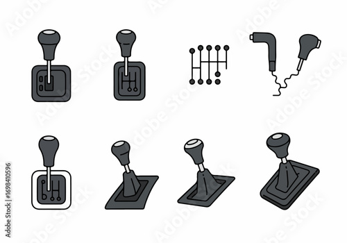 Hand-drawn vector icons of car gear shifts, featuring various automatic and manual transmission types with distinct patterns and perspectives.