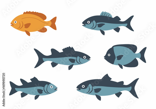 Diverse collection of stylized fish illustrations, featuring various aquatic animals in flat design, perfect for marine life and food-related projects.