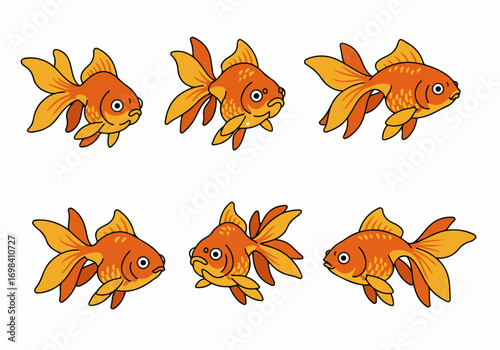 Collection of six cheerful orange and yellow cartoon goldfish swimming in various directions on a clean white background, perfect for children's designs or pet themes.
