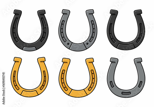 Cartoon Horseshoes Set: Lucky Gold and Gray Metal Designs for Equestrian, Western, and Good Fortune Themes Illustration