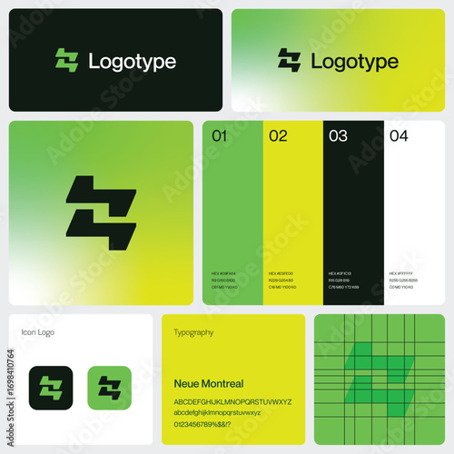 Dynamic flash symbol logo template and complete brand identity guide, featuring a modern green and yellow color palette and corporate style guide layout