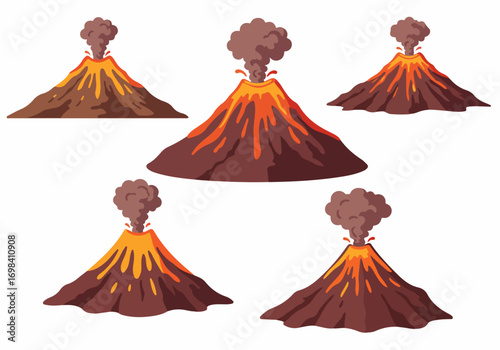 Collection of Cartoon Volcanoes Erupting with Molten Lava and Smoke Plumes, Set on White Background for Educational or Design Use