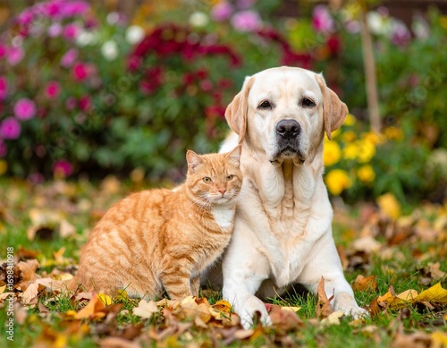 chien labrador et chat tigré au jardin