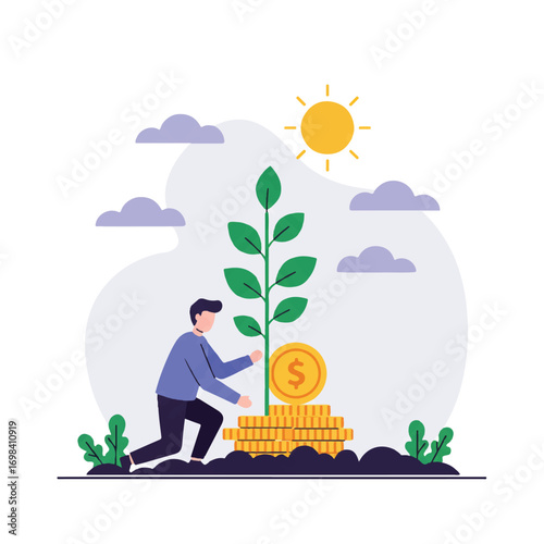 Vibrant flat 2D vector illustration of a person planting a golden coin into soil, cultivating a growing money tree, symbolizing investment growth and financial prosperity.