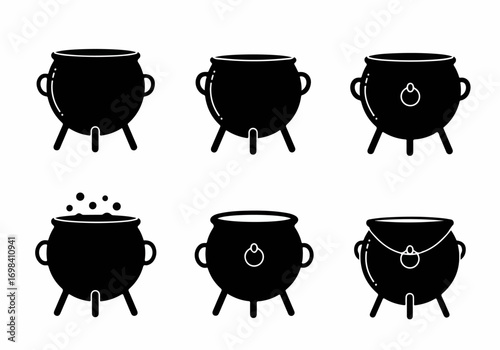 Set of Black Cauldron Silhouette Icons for Halloween, Witchcraft, Magic Spells, Cooking Pot, and Fantasy Vector Design Elements
