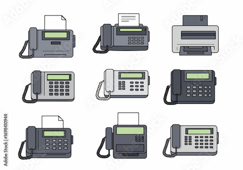 Vector illustration set of classic office fax machines and a printer, depicting vintage communication technology.