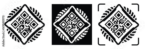 High-contrast black and white QR code with grid squares, centered in frame. Simple thin black border. Clean digital design, technical style, suitable for scanning or template use.