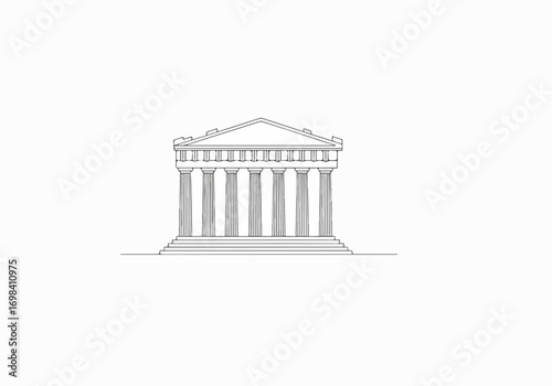 Minimalist line art illustration of a classical Greek temple with columns and pediment, symbolizing ancient history, culture, and architecture on a white background.