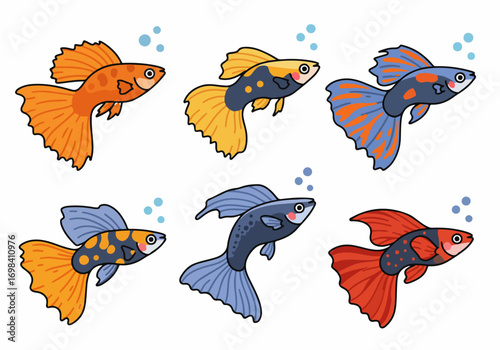Colorful cartoon guppy fish collection with various vibrant patterns and fin shapes, isolated on white background with bubbles, perfect for aquarium and pet-themed designs.