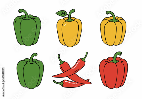 Colorful assortment of outlined cartoon peppers and chili peppers on white background, featuring green, yellow, and red bell peppers alongside spicy red chilis, perfect for food and cooking designs.